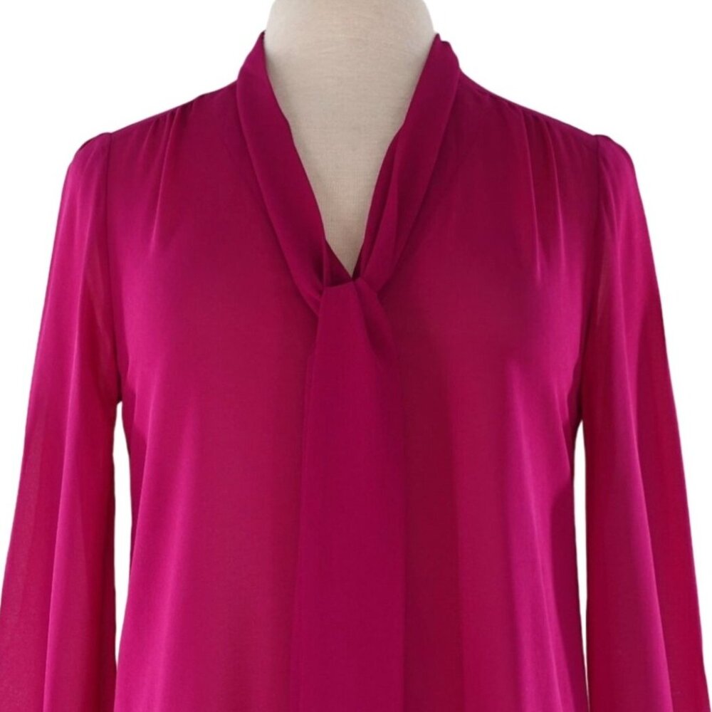 Fuchsia Chiffon Button Down Long Sleeve V Neck with Tie Front